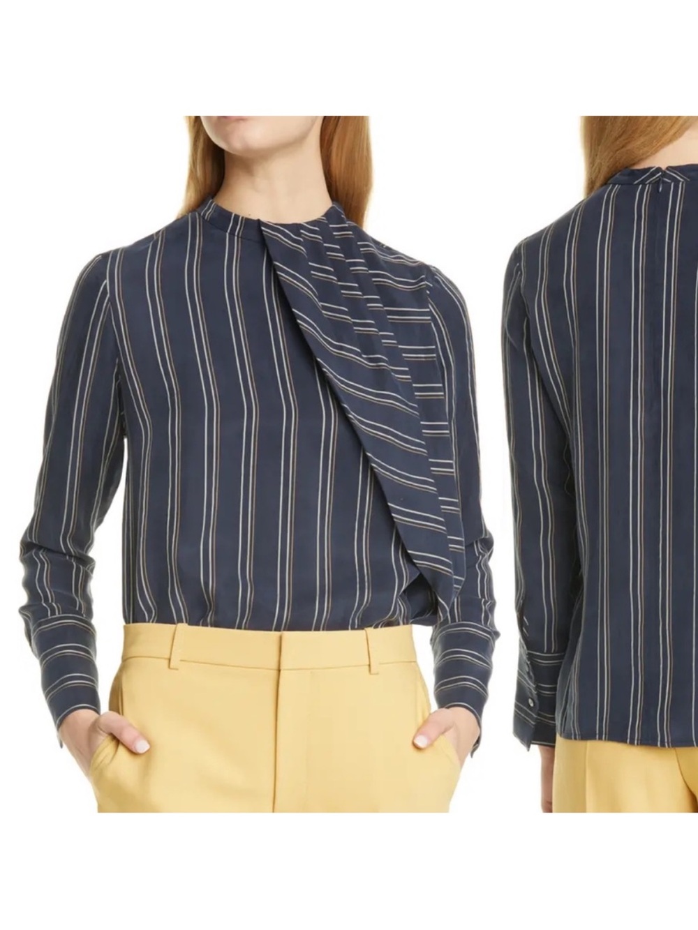 Club Monaco Navy and Cream Striped Draped Mock-Neck Blouse